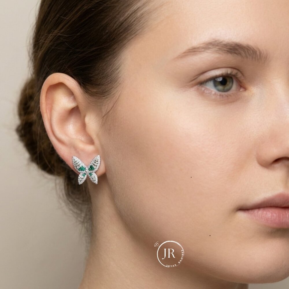 925 Sterling Silver Butterfly Earrings • Emerald & Clear CZ • Luxe Wing Design. - Picture 2 of 5
